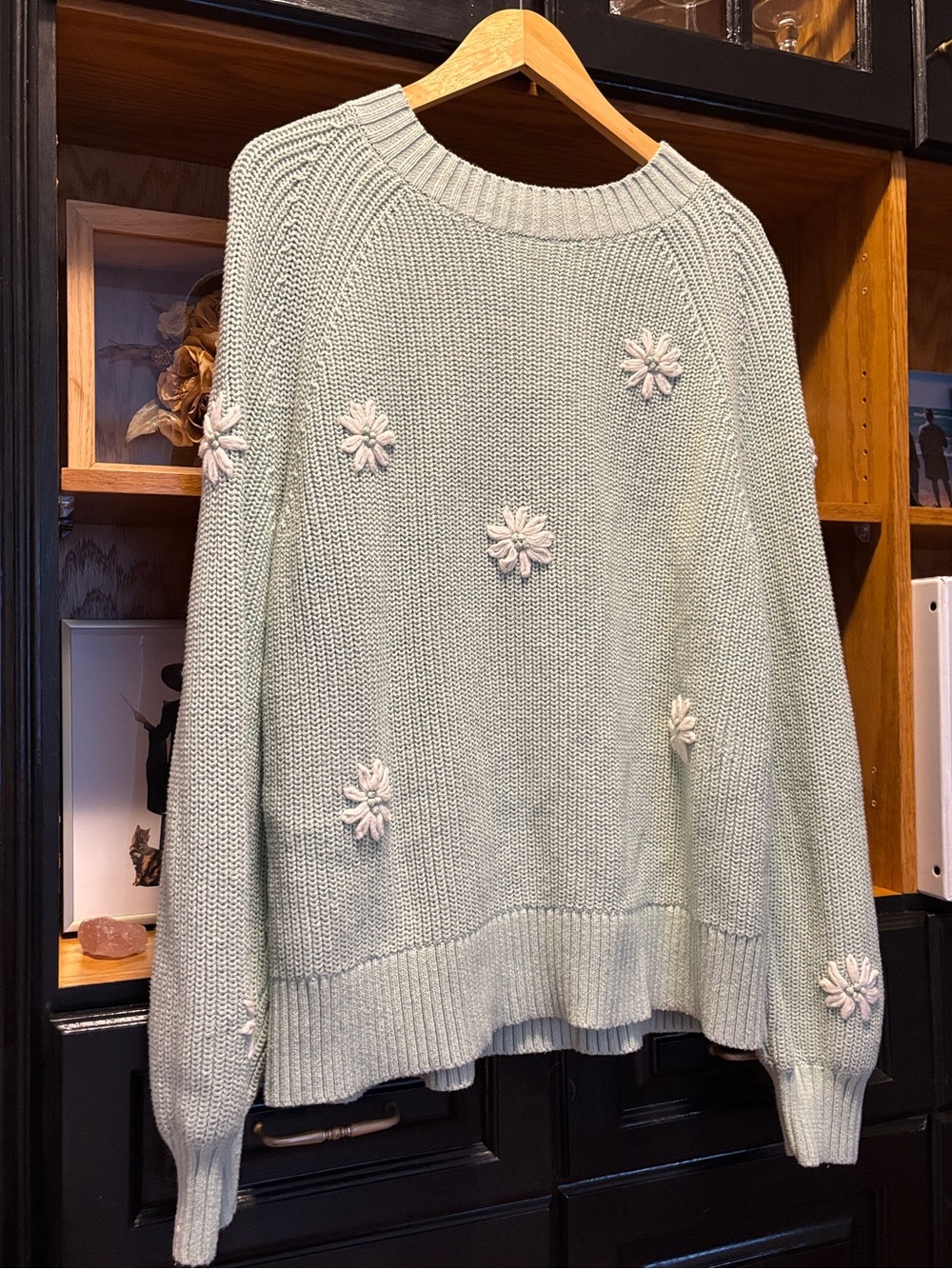 Light Mint Daisy Embroidered Crewneck Sweater